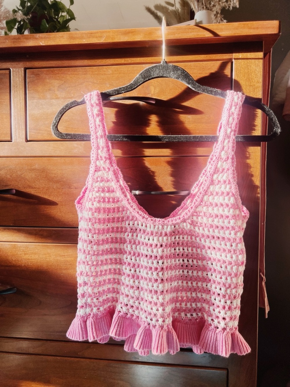 Full Tilt Pink Crocheted Ruffle Hem Crop Top